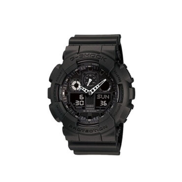 Relogio-casio-gshock-GA-100-1A1 Foto do relógio Casio G-Shock GA-100-1A1 preto original com mostrador analógico-digital de quatro visores, ponteiros grandes e pulseira de resina para uso masculino esportivo.