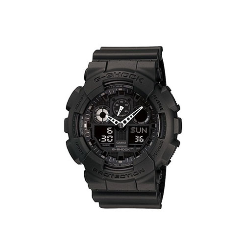 Relogio-casio-gshock-GA-100-1A1 Foto do relógio Casio G-Shock GA-100-1A1 preto original com mostrador analógico-digital de quatro visores, ponteiros grandes e pulseira de resina para uso masculino esportivo.
