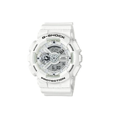 Relogio-casio-gshock-GA-110MW-7A.JPG Foto do relógio Casio G-Shock GA-110MW-7ADR branco original com detalhes em preto, ponteiros em formato de engrenagem e pulseira de resina para uso masculino esportivo