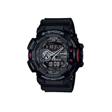Relogio-casio-gshock-GA-400-1B Foto do relógio Casio G-Shock GA-400-1B preto e vermelho original com seletor giratório grande, mostrador analógico-digital e pulseira de resina para uso masculino esportivo.