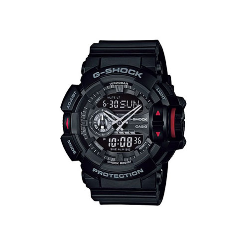 Relogio-casio-gshock-GA-400-1B Foto do relógio Casio G-Shock GA-400-1B preto e vermelho original com seletor giratório grande, mostrador analógico-digital e pulseira de resina para uso masculino esportivo.
