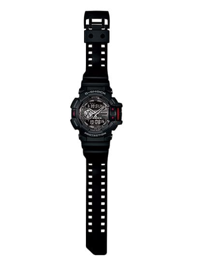 Relogio-casio-gshock-GA-400-1B_2 Foto do relógio Casio G-Shock GA-400-1B preto e vermelho original com seletor giratório grande, mostrador analógico-digital e pulseira de resina para uso masculino esportivo.