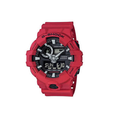 Relogio-casio-gshock-GA-700-4A Foto do relógio Casio G-Shock GA-700-4A vermelho original com caixa grande em resina, mostrador 3D analógico-digital e botão frontal para uso masculino esportivo.