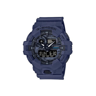 Relogio-casio-gshock-GA-700CA-2A Foto do relógio Casio G-Shock GA-700CA-2A azul-marinho original com mostrador camuflado, caixa grande em resina e ponteiros analógicos para uso masculino esportivo.