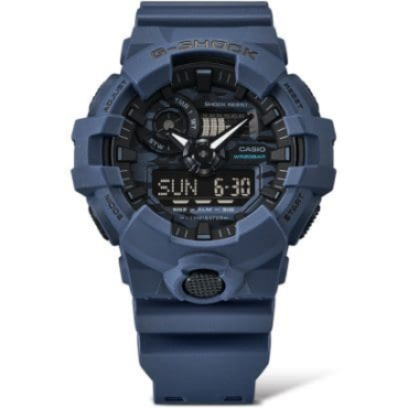 Relogio-casio-gshock-GA-700CA-2A_2 Foto do relógio Casio G-Shock GA-700CA-2A azul-marinho original com mostrador camuflado, caixa grande em resina e ponteiros analógicos para uso masculino esportivo.