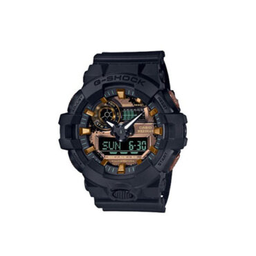 Relogio-casio-gshock-GA-700RC-1A Foto do relógio Casio G-Shock GA-700RC-1A preto original com detalhes em tom ferrugem e azul-claro, caixa grande em resina e mostrador analógico-digital para uso masculino esportivo.
