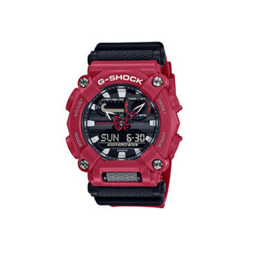 Relogio-casio-gshock-GA-900-4A Foto do relógio Casio G-Shock GA-900-4A vermelho original com bisel de 10 lados parafusado, mostrador analógico-digital e pulseira de resina para uso masculino esportivo.