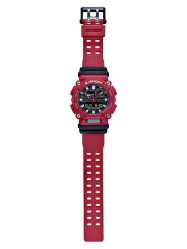 Relogio-casio-gshock-GA-900-4A_2 Foto do relógio Casio G-Shock GA-900-4A vermelho original com bisel de 10 lados parafusado, mostrador analógico-digital e pulseira de resina para uso masculino esportivo.