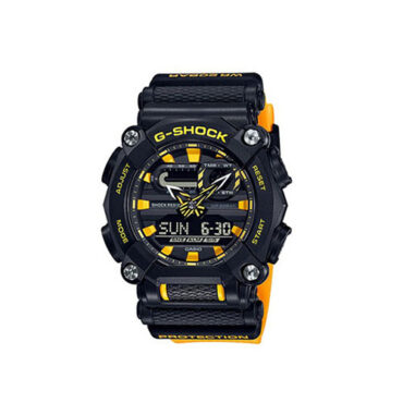 Relogio-casio-gshock-GA-GA-900A-1A9 Foto do relógio Casio G-Shock GA-900A-1A9 preto original com bisel de 10 lados parafusado, mostrador analógico-digital e pulseira amarela para uso masculino esportivo.