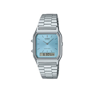 relogio-casio-AQ-230A-2A1MQY oto do relógio Casio Vintage AQ-230A-2A1MQF azul claro original com caixa angular cromada, visor analógico-digital e pulseira de aço para uso unissex no dia a dia.