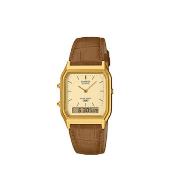 relogio-casio-AQ-230EGL-9A Foto do relógio Casio Vintage AQ-230EGL-9A dourado original com caixa angular, mostrador analógico-digital e pulseira de couro marrom em relevo para uso unissex.