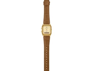 Foto do relógio Casio Vintage AQ-230EGL-9A dourado original com caixa angular, mostrador analógico-digital e pulseira de couro marrom em relevo para uso unissex.