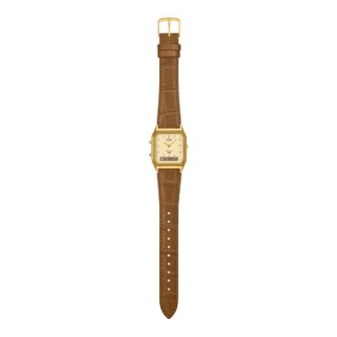 relogio-casio-AQ-230EGL-9A_2 Foto do relógio Casio Vintage AQ-230EGL-9A dourado original com caixa angular, mostrador analógico-digital e pulseira de couro marrom em relevo para uso unissex.