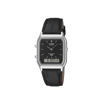 relogio-casio-AQ-230EL-1A Foto do relógio Casio Vintage AQ-230EL-1A preto e prata original com caixa angular cromada, mostrador analógico-digital e pulseira de couro em relevo para uso unissex.