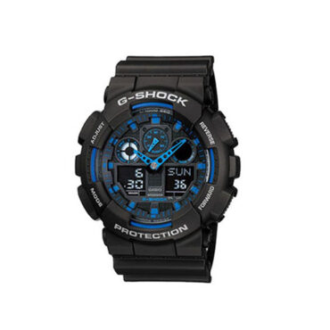 relogio-casio-GA-100-1A2 Foto do relógio Casio G-Shock GA-100-1A2 preto original com detalhes em azul, ponteiros vazados azuis e mostrador analógico-digital para uso masculino esportivo.