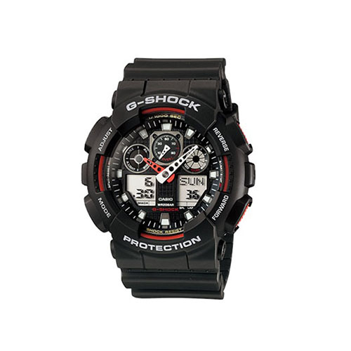 relogio-casio-GA-100-1A4 Foto do relógio Casio G-Shock GA-100-1A4 preto original com detalhes em vermelho, mostrador analógico-digital em relevo e pulseira de resina para uso masculino esportivo.