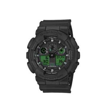 relogio-casio-GA-100BEG-1A Foto do relógio Casio G-Shock GA-100BEG-1A preto original com detalhes em verde elétrico nos visores, caixa grande em resina e mostrador analógico-digital para uso masculino esportivo.