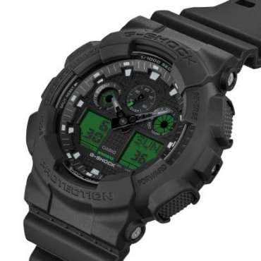 relogio-casio-GA-100BEG-1A_3 Foto do relógio Casio G-Shock GA-100BEG-1A preto original com detalhes em verde elétrico nos visores, caixa grande em resina e mostrador analógico-digital para uso masculino esportivo.