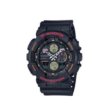 relogio-casio-GA-140-1A4 Foto do relógio Casio G-Shock GA-140-1A4 preto original com detalhes em vermelho e laranja, ponteiros em seta e mostrador analógico-digital para uso masculino esportivo.