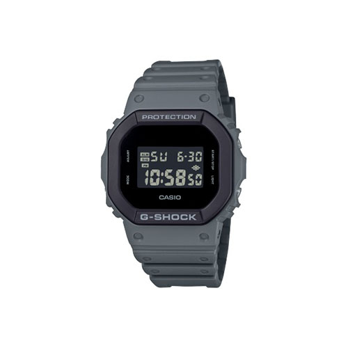 relogio-casio-gshock-DW-5610UU-8 Foto do relógio Casio G-Shock DW-5610UU-8 cinza-azulado original com caixa quadrada, bisel bicolor em camadas e display digital para uso masculino casual e esportivo.