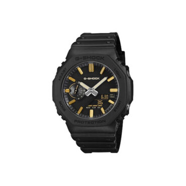 relogio-gschock-GA-2100LXB-1A9 Foto do relógio Casio G-Shock GA-2100LXB-1A9 preto fosco original com bisel octogonal, índices dourados e pulseira de resina para uso masculino casual e esportivo.