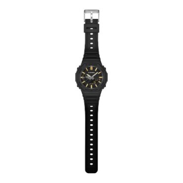 relogio-gschock-GA-2100LXB-1A9_2 Foto do relógio Casio G-Shock GA-2100LXB-1A9 preto fosco original com bisel octogonal, índices dourados e pulseira de resina para uso masculino casual e esportivo.