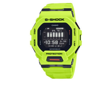Foto do relógio Casio G-Shock GBD-200-9DR verde-limão original com caixa quadrada em resina, visor digital e pulseira de uretano para uso masculino esportivo.