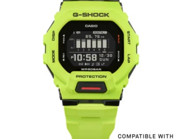 Foto do relógio Casio G-Shock GBD-200-9DR verde-limão original com caixa quadrada em resina, visor digital e pulseira de uretano para uso masculino esportivo.
